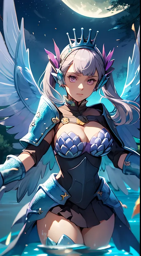 noelle_silva,long hair ,twintails, bangs, earring,silver hair,purple eyes,((water_armor)),(wings),crown, valkyrie, armored dress, angel, tree, sunset,autumn,autumn leaves,((under water:1.3)), night, moon, (dancing:1.2), volumetric lighting, best quality, m...