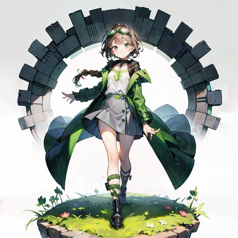 1girll，solo person，Brown back double twisted braid，Two twisted braids，brown  hair，long whitr hair，Very small stature，Little loli body type，flatchest，Green eyes，mechanical leg，Clover background on ground，face expressionless，Protective goggles，Green punk lon...