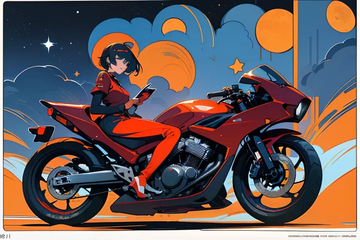 (Masterpiece), (Best quality), (best detail), (Distant general view), (Postage stamps),(The main color of the illustration: Bright saturated red), (Secondary color: lapis lazuli), A red café racing motorcycle is driven by a woman who takes a defiant stance...