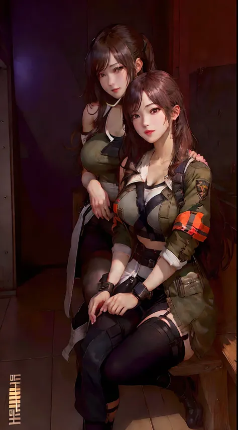 there are two beauty nude girl sitting on a bench in a room, realistic artstyle, sexy, big boobs, artwork in the style of guweiz, from girls frontline, tifa lockhart, trending on cgstation, soldier outfit, tifa, game cg, tifa lockheart, casual pose, girls ...