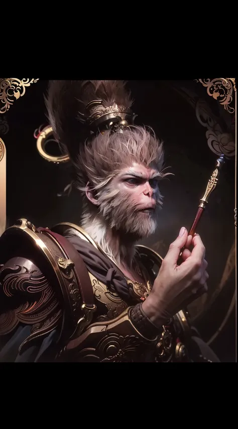 sun wukong,colorful auspicious clouds,holding a golden hoop stick,portrait of wukong the monkey king wrapped in vines and lotus ...