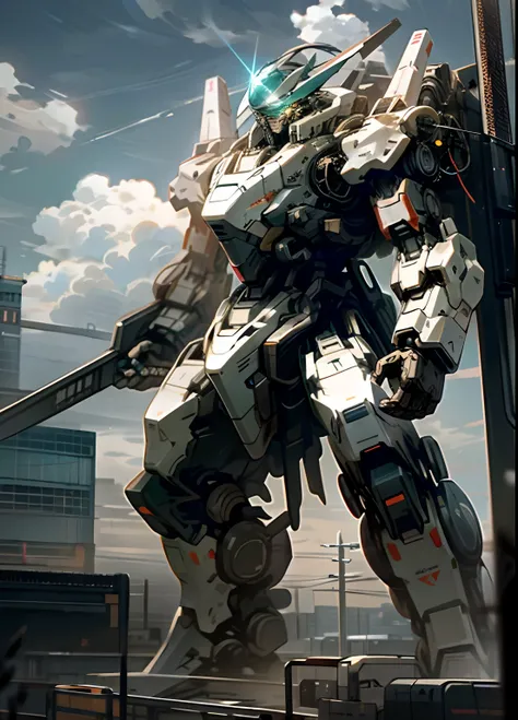 sky, cloud, holding_weapon, no_humans, glowing, , robot, building, glowing_eyes, mecha, science_fiction, city, realistic,mecha