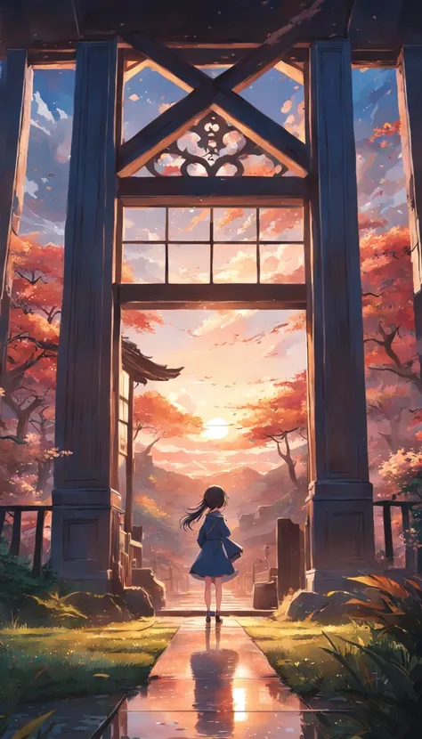 tmasterpiece，high qulity，Super detailed details，8K live-action landscape，There are no characters，the woods，outdoor environment，with blue sky and white clouds，A warm sunset shining on the building，Sets off the bright reflections of windows and doors，It show...