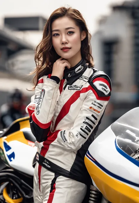 The highest image quality、Exceptional detail、超A high resolution、(Realstic:1.4)、high-detail、Favor the details、Highly condensed 1girl、Longhaire、delicate and beautiful face、Dressed in a white leather racing suit、Racing on a black motorcycle、The background is ...