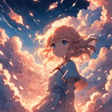 masterpiece, best quality, movie still, 1girl, cloud girl, floating in the sky, close-up, bright, happy, warm soft lighting, sunset, (sparks:0.7)