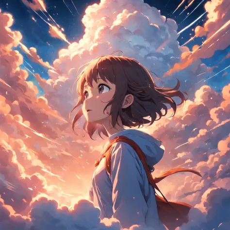 masterpiece, best quality, movie still, 1girl, cloud girl, floating in the sky, close-up, bright, happy, warm soft lighting, sunset, (sparks:0.7)