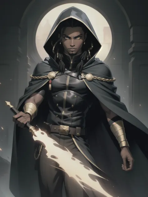 Portrait, Masterpiece, Excellent, 1boy, solo, complex details, color diffusion, demonic prince, dark skin, ebony, brown skin, dark-skinned male, dark hair, black hair, dreadlocks, golden eyes, epic attire, assassin mage attire, hooded, cloak, cloaked, bada...