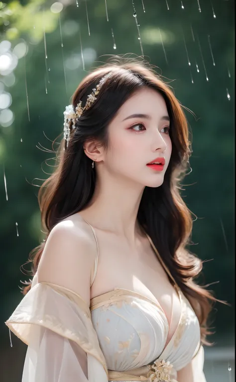 ((Best Quality, 8k, Masterpiece: 1.3)), Focus: 1.2, Perfect Body Beauty: 1.4, Buttocks: 1.2, ((Layered Haircut)), (Wet Clothes: 1.1), (Rain, Street:1.3), (Breasts: 1.2), (Hanfu: 1.2), Bare Shoulders, Bare Legs, Highly Detailed Face and Skin Texture, Fine E...