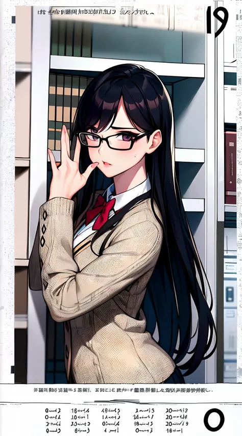 spectacled asian ulher posing in front of a bookshelf, with eye glasses, with glasses on, thick glasses, wearing glasses, withou...