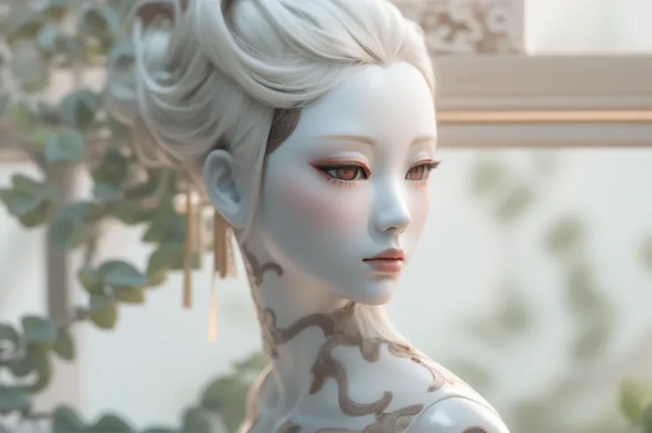 close-up. she is a mannequin, a piece of hanzhu porcelain，seen from the side，her hair is surreal throughout the scene in a solid...