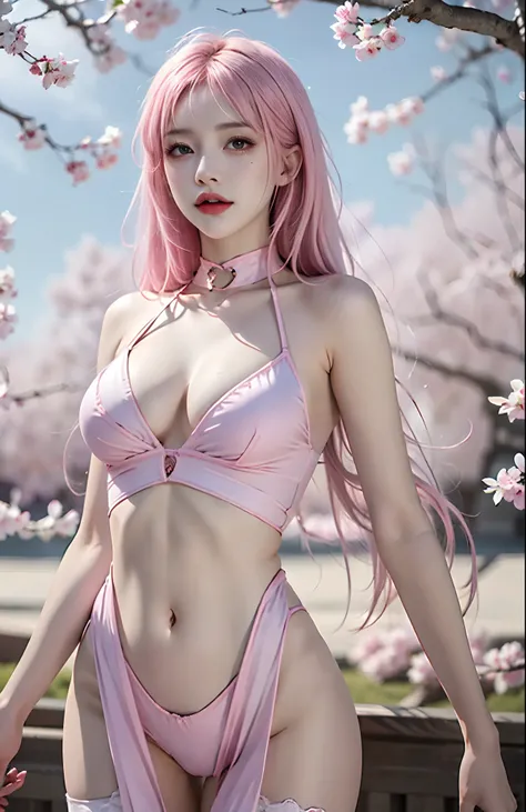 realisticlying, A high resolution,The entire body of the machine， 1 woman, whaite hair, glowing light eyes, The shirt， Transparent clothing,8K，CG，seductiv，goddes，Naked of breast，nacked hip，A pink-haired，Pink transparent hip stockings，Next to the cherry blo...