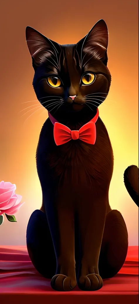 there is a cat that is sitting on a bed with a red bow tie, doing an elegant pose, she is facing the camera, she looks very sophisticated, full body close-up shot, elegant cat, proud looking, doing a majestic pose, she is about 4 years old, very cute, prou...