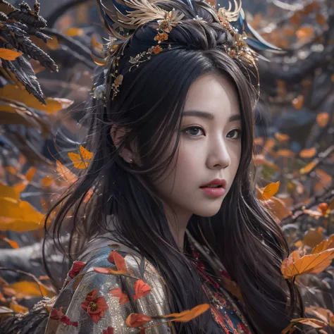 32K（tmasterpiece，k hd，hyper HD，32K）Long flowing black hair，ponds，zydink， a color，  Asian people （Silly girl）， （Silk scarf）， Combat posture， looking at the ground， long whitr hair， Floating hair， Carp pattern headdress， Chinese long-sleeved bright orange ou...