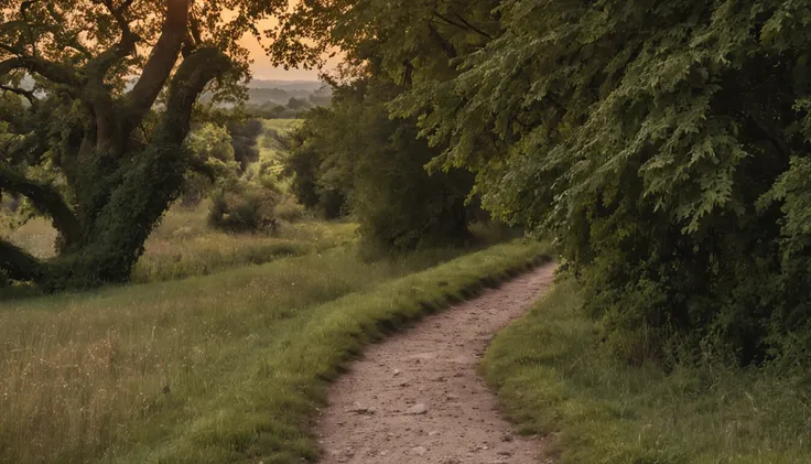 a path leading to a village at dusk