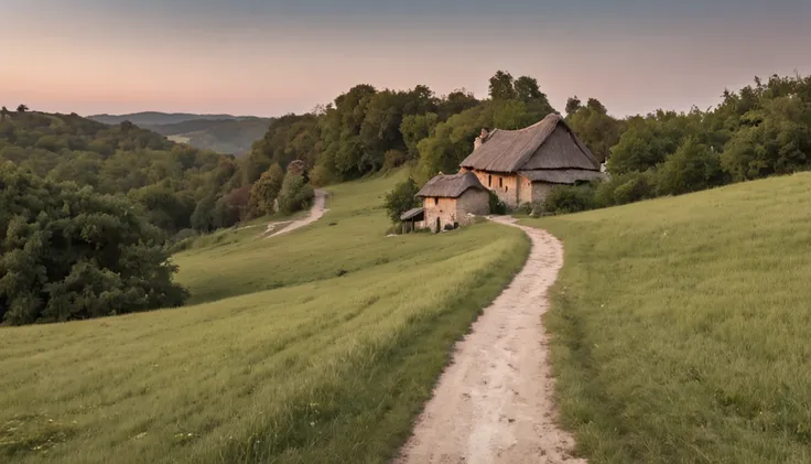 a path leading to a village at dusk