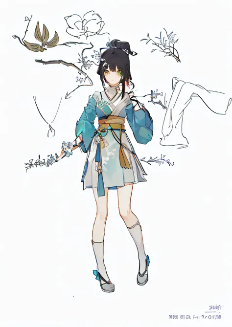 clear outfit design,,Anime character design,  Detailed and clear whole body, anime concept art,, anime character reference sheet, full-body xianxia, An orchid hairpin，There is a black hair bag on the head，The upper body is wearing bamboo embroidered Han cl...