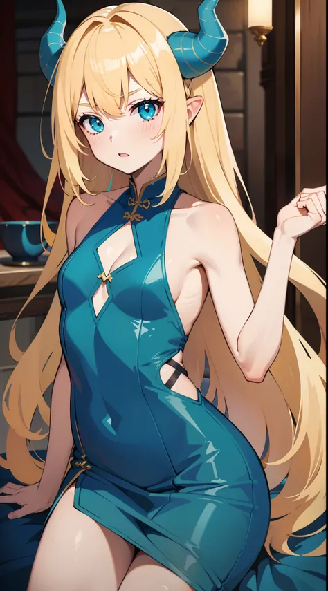 young girl, longue blonde hair, dragon horns, Cyan eyes, tight blue chinese dress, neckline on the chest, grudge, little chest, Masterpiece, hiquality