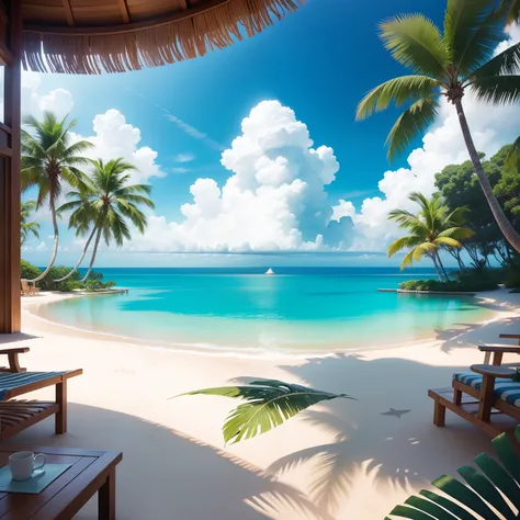 Tropical Resorts　Palm trees　Crystal clear sea　top-quality　​masterpiece　超A high resolution　　Sea of Heaven　paradis　the beach