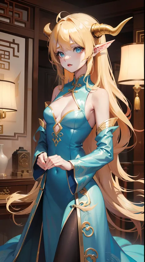 young girl, longue blonde hair, dragon horns, Cyan eyes, tight blue chinese dress, neckline on the chest, grudge, little chest, Masterpiece, hiquality