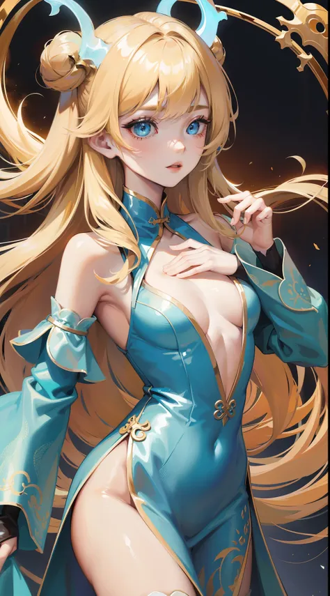 young girl, longue blonde hair, dragon horns, Cyan eyes, tight blue chinese dress, neckline on the chest, grudge, little chest, Masterpiece, hiquality