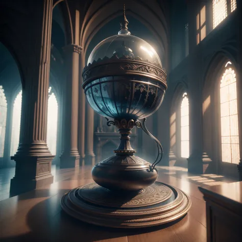 Spectacular Tiny World in the Transparent Jar On the Table, interior of the Great Hall, Elaborate, Carved Architecture, Anatomy, Symetrical, Geometric and Parameteric Details, Precision Flat line Details, Pattern, Dark fantasy, Dark errie mood and ineffabl...