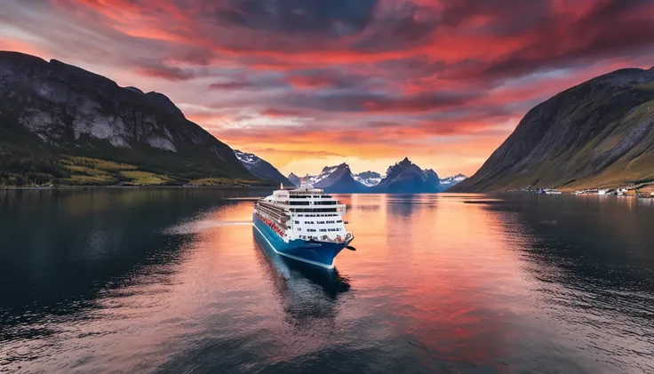 Kreuzfahrtschiff auf hoher See, Menschen an Deck, strahlender Sonnenuntergang, majestic mountains of Norway in the background