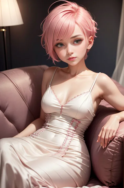 A girl with short pink hair in a white dress sitting on a bedroom couch looking at the camera，With a shy expression on his face: 1.5) (Close-up: 1.8) (Exquisite makeup, luxurious dress: 1.9) (Very shy face, looks into camera, Mouth wide open: 1.8)