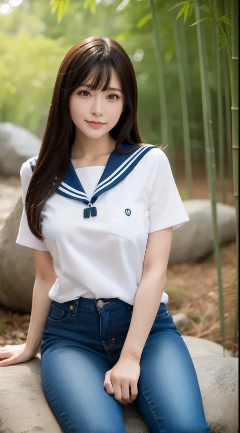 a pregirl，Thirty year old, ssmile, looking at viewert, sailor uniformm,skintight jeans, photore, realisticlying, Best quality at best, employee, 详细的脸, Sitting on a large rock in the middle of a bamboo forest, detailed back ground, diffuselighting, depth of...