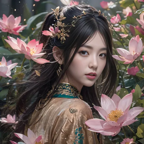 32K（tmasterpiece，k hd，hyper HD，32K）Long flowing black hair，ponds，zydink， a color，  Asian people （Silly girl）， （Silk scarf）， Combat posture， looking at the ground， long whitr hair， Floating hair， Carp pattern headdress， Chinese long-sleeved clothing， （abstr...