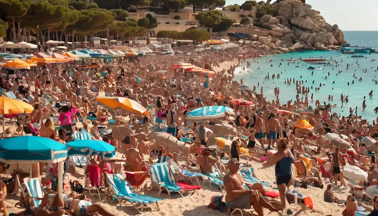 Mallorca, many people sit on the beach, it is crowded