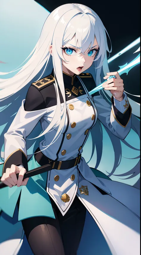 Adult woman, Long white hair, Cyan eyes, White generals uniform, spear, blue lipstick, anger, Masterpiece, hiquality