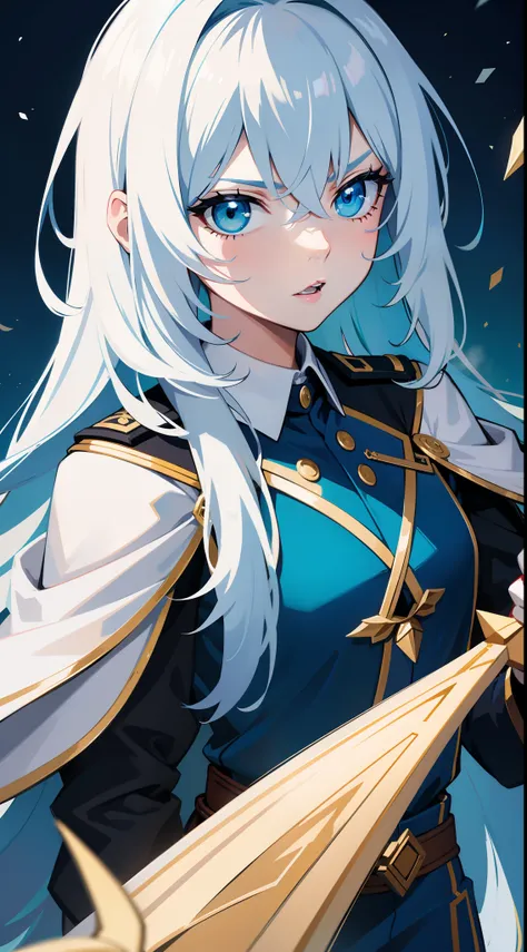 Adult woman, Long white hair, Cyan eyes, White generals uniform, spear, blue lipstick, anger, Masterpiece, hiquality