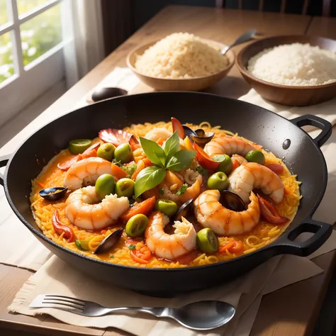 tints: Reproduce the paella with characteristic yellow and orange tones。
Texture: The rice grains are plump、The ingredients and seasonings enhance the deliciousness.。
Tools: prawn、mussel、squids、Draw a paella in which chicken is seen。
Arranged: Ingredients ...