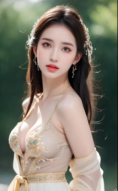 ((Best Quality, 8k, Masterpiece: 1.3)), Focus: 1.2, Perfect Body Beauty: 1.4, Buttocks: 1.2, ((Layered Haircut)), (Wet Clothes: 1.1), (Rain, Street:1.3), (Breasts: 1.2), (Hanfu: 1.2), Bare Shoulders, Bare Legs, Highly Detailed Face and Skin Texture, Fine E...