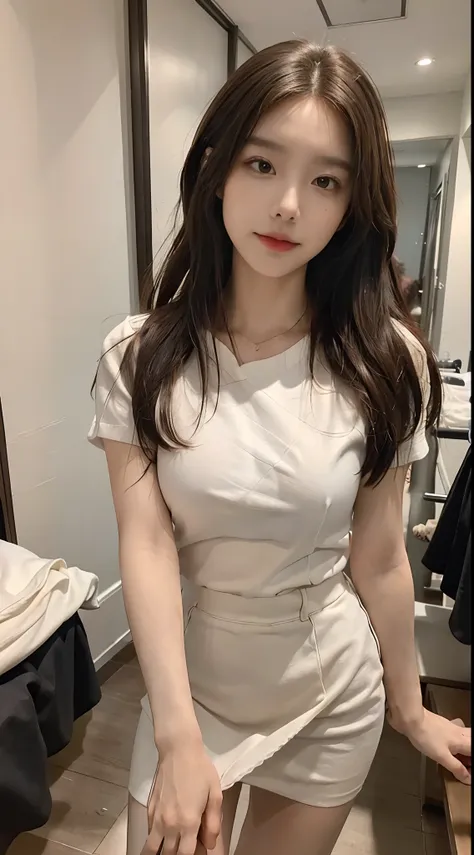 ((Best picture quality, 8K, tmasterpiece: 1.3)), self-shot, Sharp focus: 1.2, A cute beauty with a perfect figure: 1.4, Slim, ((Brown hair black)) , (whitet-shirt，pleatedskirt，Highly detailed face，Happy expression，standing on your feet：1.2），（（The city of b...