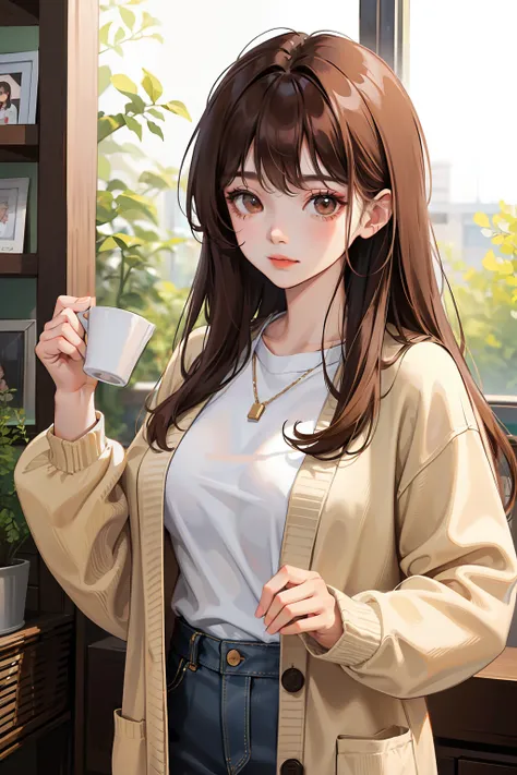 Teenage Korean girl with straight long dark brown hair with bangs ,wears a white sweater and brown cardigan , 8k , looking at viewer , no smile , dark brown siren eyes