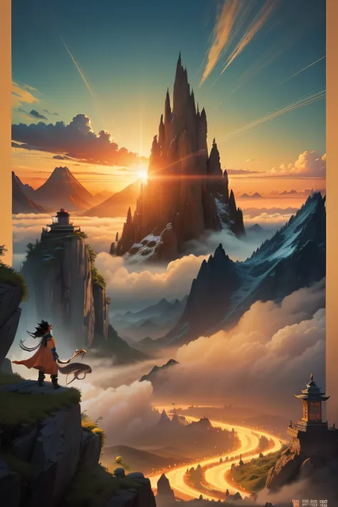 ((Qi Tian Great Sage) OR (son goku))+(Graphic style:Antique OR mythical)+(the detail:How to describe the characteristics)+(Background with:What kind of background)+(illumination:brightly)+(Emotion:jubilation)+(Scenes:Mountains or sea of clouds)