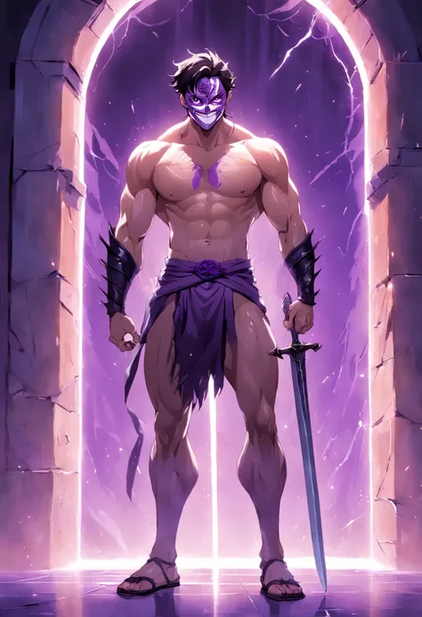 um alto, Muscular man stands in front of a purple portal. Hes shirtless, and his body is covered in scars. He wears a theatrical smile mask, and his pants and shoes are baggy. He holds a sword in his right hand. The man is silent, seus olhos fixos no porta...