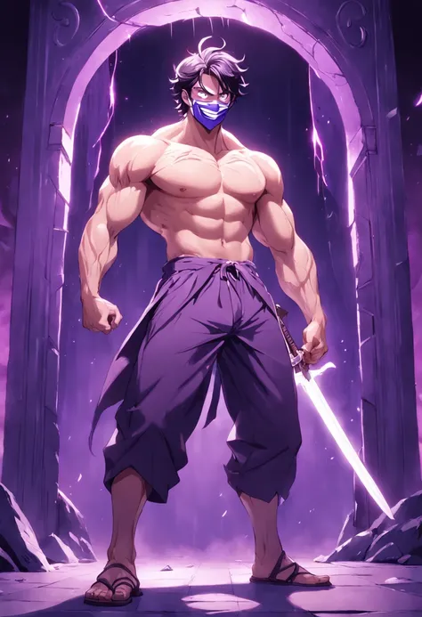 um alto, Muscular man stands in front of a purple portal. Hes shirtless, and his body is covered in scars. He wears a theatrical smile mask, and his pants and shoes are baggy. He holds a sword in his right hand. The man is silent, seus olhos fixos no porta...