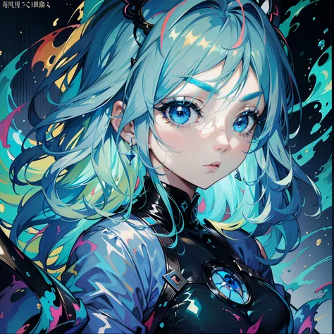 Woman with short light blue hair painting on big canvas、drooping eyebrows、big eye、Dark eyelashes、Blue-based makeup、Colorful colors、（highestdetailed）、（Top image quality）、（独奏:1.3）、（Maximum gloss）、（Best Shadows）