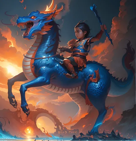 Close-up of a child riding a blue dragon on the beach with orange sun, Dragon Rider, epic fantasy digital art style, Dragon Ride, by Yang J, Rob Ray, epic fantasy art style, Epic Fantasy Illustration, By Jeremy Chong, tithi luadthong, Ross Tran and Michael...