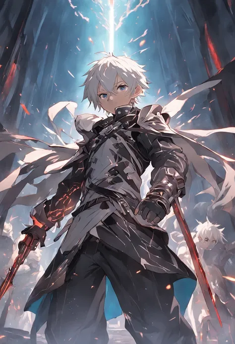 (masterpiece) In the virtual world of Sword Art Online GBO, a dynamic and epic scene unfolds as a boy with artfully styled white hair and a mysterious mask covering his face confidently strides through a dark dungeon. His attire consists of intricately des...