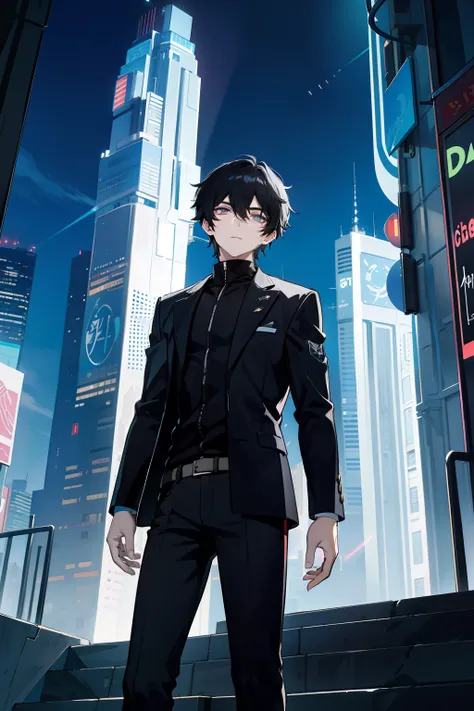 on the vibrant skyline of a modern fantasy city, a 27-year-old boy stands out with black hair that contrasts with his white skin...