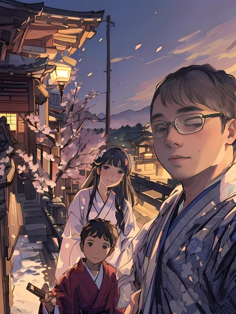 Best quality, 8k , 1 man and 1 woman standing next to a boy , vacation photo, wearing yukata , japanese related with flowers, selfie photo, sakura season , selfie , ghibli style