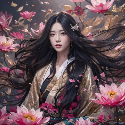 32K（tmasterpiece，k hd，hyper HD，32K）Long flowing black hair，ponds，zydink， a color，  Asian people （Silly girl）， （Silk scarf）， Combat posture， looking at the ground， long whitr hair， Floating hair， Carp pattern headdress， Chinese long-sleeved clothing， （abstr...