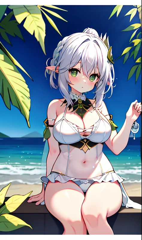 （white backgrounid：1.4），（tchibi：1.2），
tmasterpiece，Best quality，
独奏，（（Extremely delicate and beautiful girl）），（full bodyesbian：1.2），elvish ears，hair adornments，Broken hair，short detailed hair，Light green eyes，huge boob，white dresses，silver
stand，（Ruffles），...