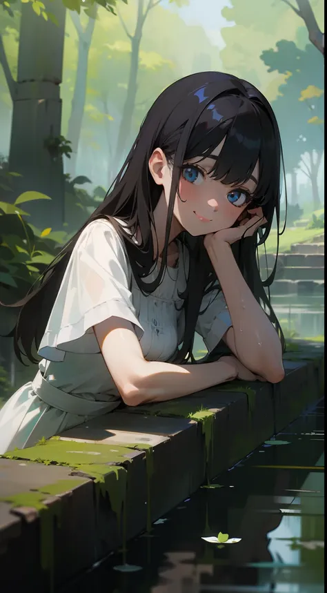 (masterpiece, best quality:1.4), 8k, Official Art, RAW photo, absurd, bottom, girl, evil smile, upper body, sitting, white summer dress, wet, transparent, stone bridge, Ruins, sky, forest, stream, detailed shadow, light leaks, perspective, depth of field, ...