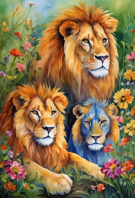 Two lions sitting in the grass with flowers in the background, lions, detailed beautiful animals, colorful hd picure, Howard Lyon, Animalistic painting, Animals Wildlife, Beautiful nature, amazing art, Joe Yusko, Richard Mayhew, Bob Eggleton, amazing depth...