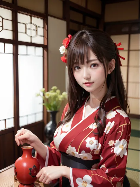 ８K、Best Quality、femele、Long、red kimono、pattern、traditional Japanese room、a gorgeous、not too large breasts、Gorgeous patterned fusuma、Large vase and flowers