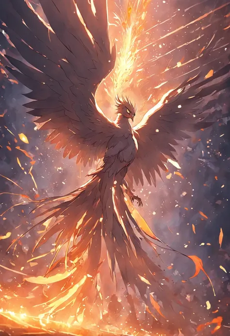 （Divine bird），（Fire Phoenix），（The fire outlined the phoenixs body)，The phoenix flaps its wings，(Shining with golden light)，solo,nigth,Multiple silhouettes，First-person elevation angle，super detailing，best qualtiy，masterpiece，（8K)，Extremely detailed，Epic ar...